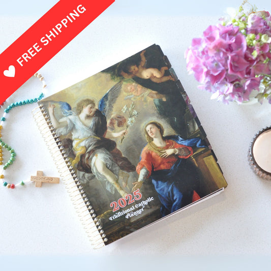 2025 Traditional Catholic Planner 7" x 9" Spiral - Horizontal Weekly Layout | Cover: Annunciation