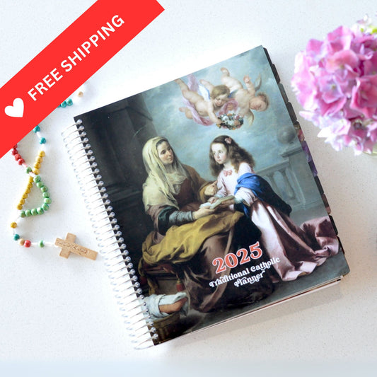 2025 Traditional Catholic Planner 7" x 9" VERTICAL Weekly Layout | Cover: St. Anne and Child Mary